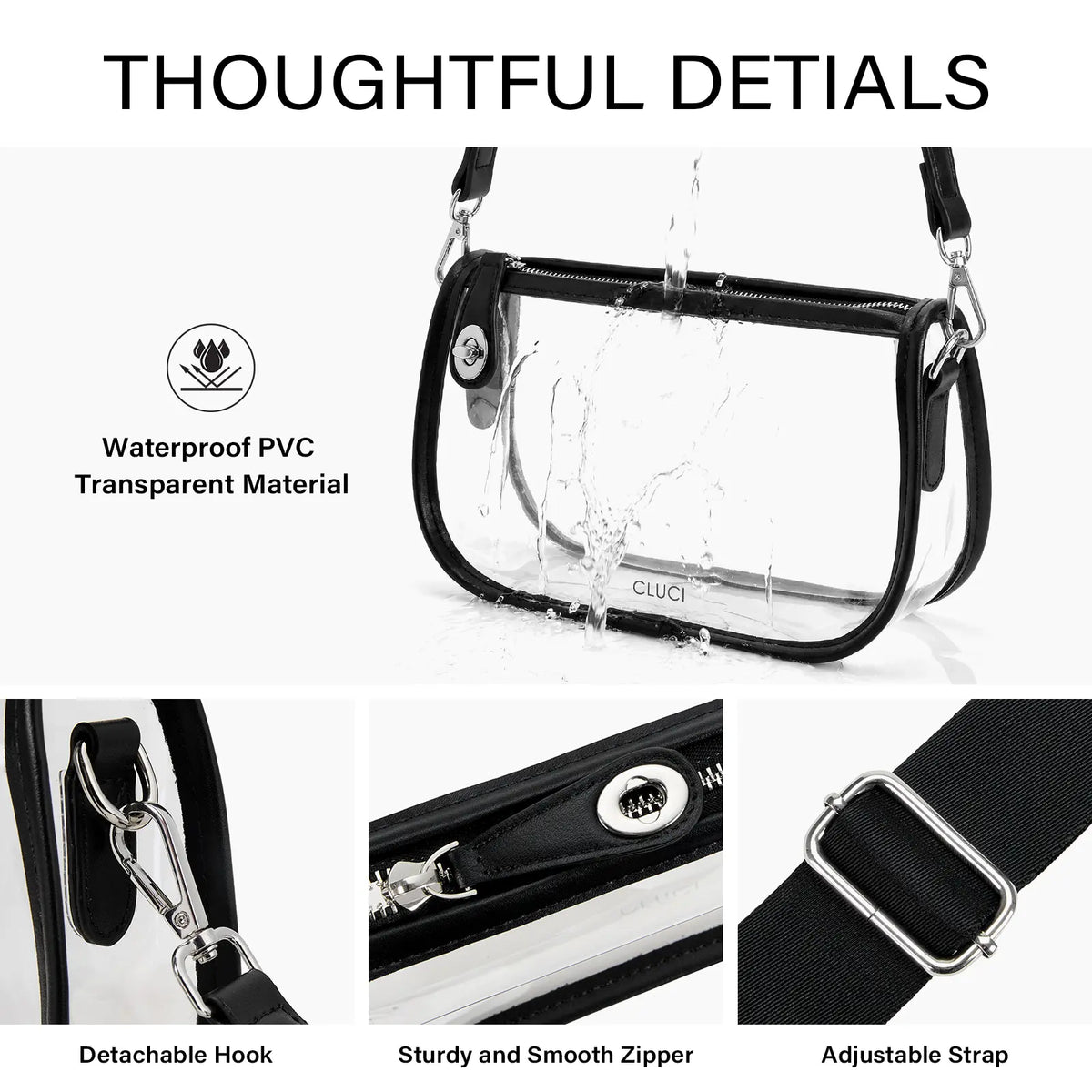 CLUCI Women's Clear Bags for Back to School - Small Clear Purse, Crossbody Bag, and Shoulder Bag for Concerts, Sports Events, and Festivals