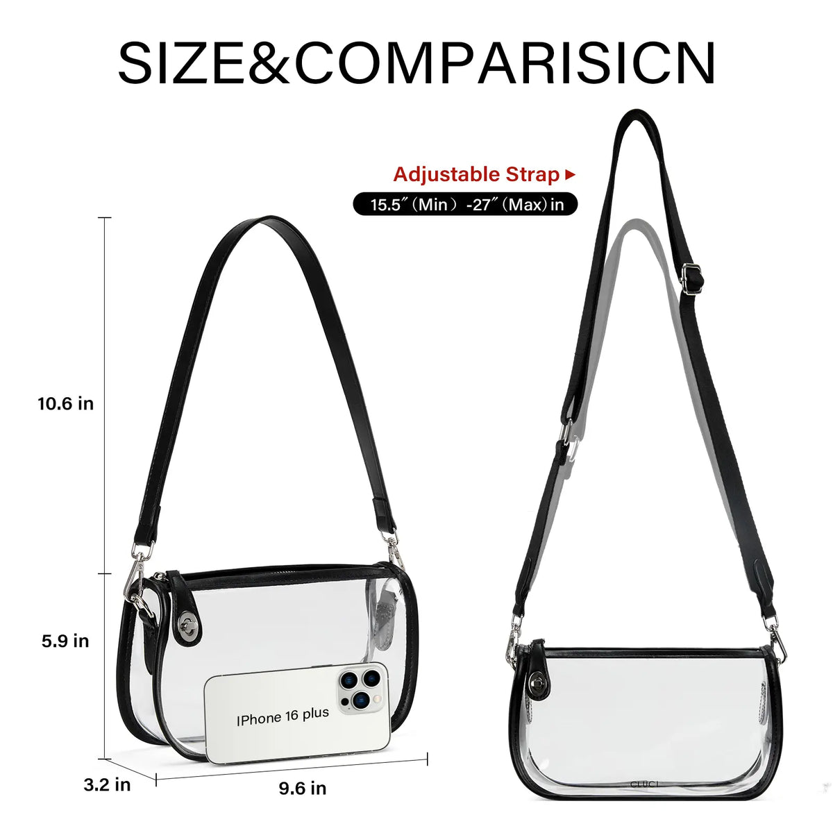 CLUCI Women's Clear Bags for Back to School - Small Clear Purse, Crossbody Bag, and Shoulder Bag for Concerts, Sports Events, and Festivals